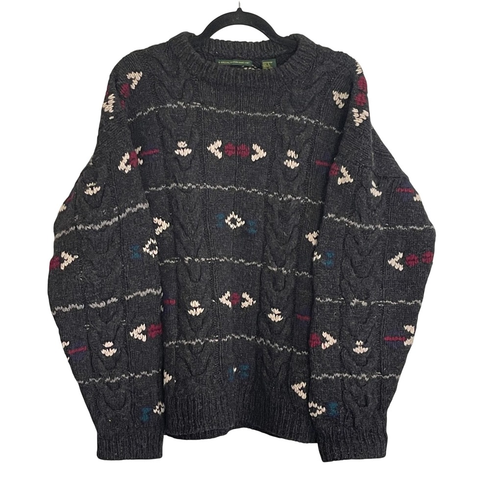 Embassy Row Mens L Hand Knit Shetland Wool Sweater Charcoal Grey Cable Geometric